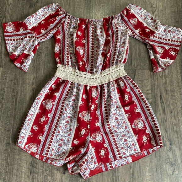 Rue21 Pants - Rue21 Red Floral Off-Shoulder Romper with Crochet Waist